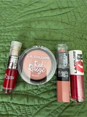 L.A. COLORS Rad Rouge Blush,buttercream lipstick, pout lipgloss, red nail polish